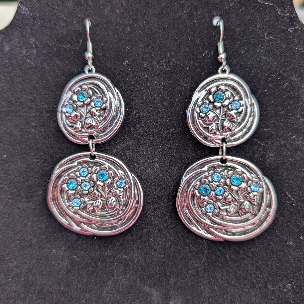 Silver and Blue Double-Circle Earrings with Turquoise Accents